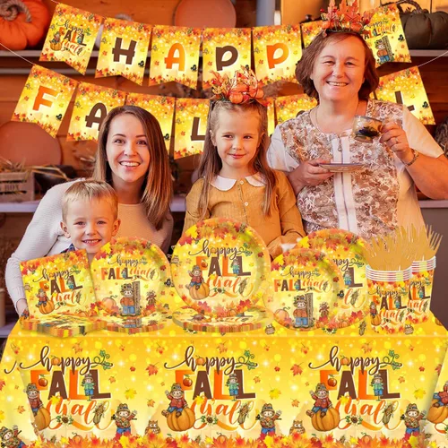 Miniatura 2 de Juego de 142 platos y servilletas de Acción de Gracias - Decoración de fiesta Happy Fall Y'all, vajilla desechable de espantapájaros, hojas de arce