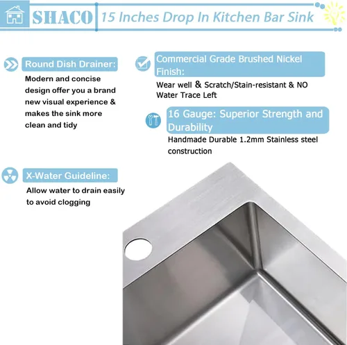 Miniatura 3 de SHACO Fregadero de barra de 15 x 15 pulgadas, fregadero de cocina pequeño de acero inoxidable de 15 pulgadas, fregadero de cocina pequeño de un solo