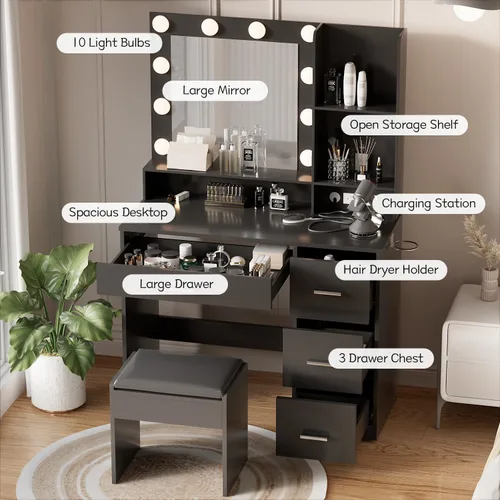 Miniatura 6 de YESHOMY Escritorio de tocador con espejo, toma de corriente y 10 luces, mesa de maquillaje con 4 cajones, 3 modos de color disponibles para Negro