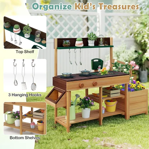 Miniatura 6 de Costzon Cocina de barro, banco de madera para macetas para niños con grifo extraíble, fregadero, estufas, pomos de rotación, cajas para macetas