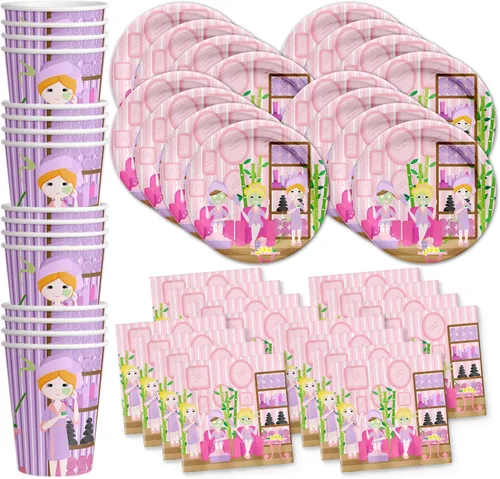 Suministros para fiestas de spa para niñas - Kit de fiesta de pijamas para 16 | El juego de vajilla incluye platos, servilletas y tazas