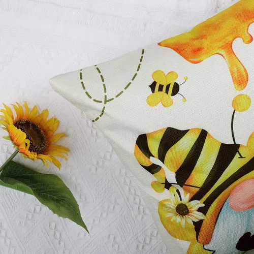 Miniatura 5 de Bonhause Juego de 4 fundas de almohada de 18 x 18 pulgadas con diseño de abeja de verano, diseño de gnomo de girasol, color amarillo miel, fundas