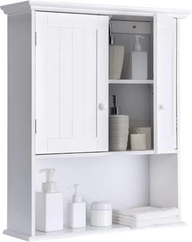 Miniatura 12 de LOKO Armario de pared para baño, botiquín de doble puerta con compartimento abierto y estante ajustable, armario de almacenamiento montado