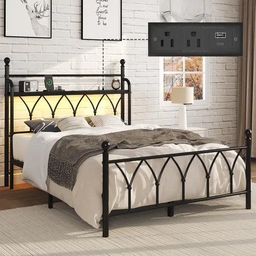 Miniatura 11 de E-Ser Marco de cama de plataforma de metal tamaño twin con cabecera de almacenamiento, marco de cama con luz LED, estación de carga integrada