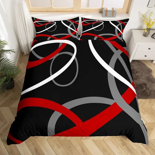 Miniatura 7 de Feelyou Juego de funda de edredón geométrica de color rojo, negro y gris, juego de ropa de cama retro con remolinos circulares a rayas circulares