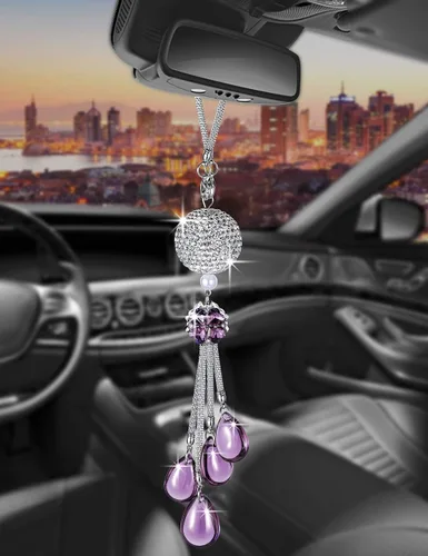 Miniatura 20 de Glamorosa decoración colgante de espejo de coche con cabeza de zorro azul oscuro, adorno de automóvil con temática animal para mujeres y hombres