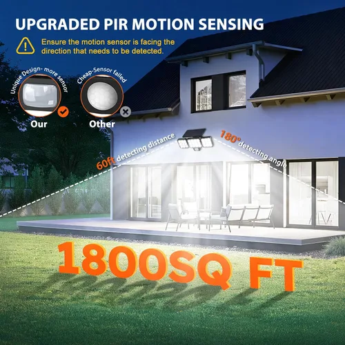 Miniatura 4 de WdtPro Luces solares para exteriores, 3500 lúmenes, sensor de movimiento brillante, luces para exteriores, 3 cabezales y panel de vidrio mejorado