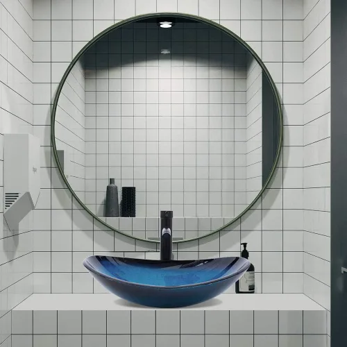 Miniatura 7 de Lavabo de Recipiente Lavabos de Baño Vidrio Templado Azul Cuenca de Arte 20.8"x13.7" Cuenco Ovalado Sobre Encimera con Grifo y Desagüe Pop-Up Combo