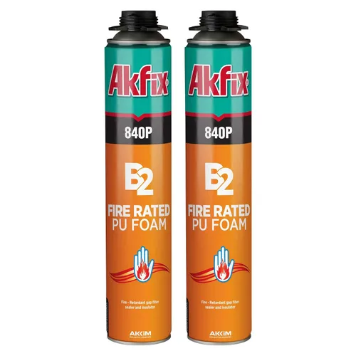 Akfix Espuma en aerosol de bloque de fuego 840P (2 x 25.3 onzas), sellado de espuma expansible de poliuretano ignífugo de color naranja en ventana y