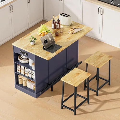 Miniatura 6 de ONBRILL Islas de Cocina Estacionarias Incluyen 2 Sillas, Isla de Cocina de 47" con Hoja Abatible, Mesa de Bar para el Hogar con Estante de Especias