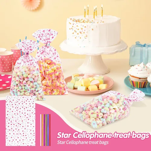 Miniatura 4 de COQOFA 100 Piezas Bolsas de Estrella Rosa de 7"X12" para Envolver Regalos, Bolsas de Celofán Cello, Bolsas de Dulces para Fiestas, Bolsas de Favor