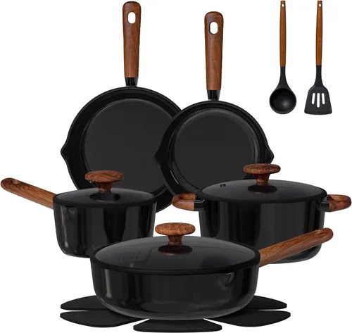 CAROTE Juego de utensilios de cocina de cerámica, ollas y sartenes antiadherentes, 14 piezas, no tóxico, saludable, antiadherente, juego de ollas y