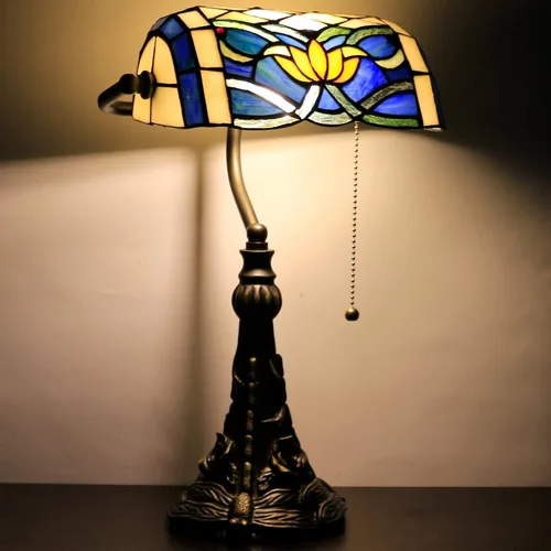 Miniatura 11 de Tiffany Banker - Lámpara de mesa pequeña con vitrales, estilo Tiffany, piano, amarillo claro, estilo misión, lámpara de escritorio, ángulo