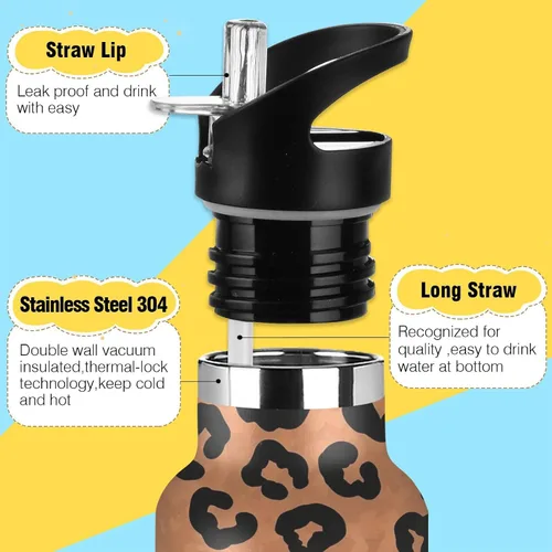 Miniatura 3 de Kids Water Bottle for School, Kids Water Bottle Stainless Steel for Travel or School 20 Oz, BPA-Free, Leopard Spots Brown