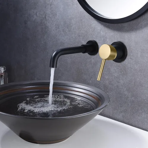 Miniatura 6 de SUMERAIN Grifo de baño de montaje en pared negro y dorado Grifo de montaje en pared para lavabo de baño, con dos manijas y válvula de instalación