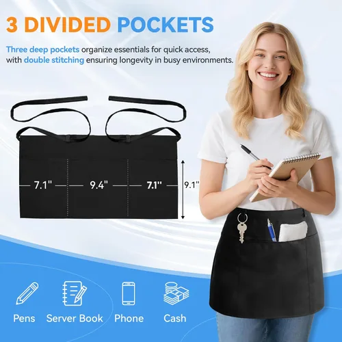 Miniatura 2 de Delantales de servidor con 3 bolsillos para camarera, cintura de camarera, delantal negro para mujeres y hombres, cocinero, cocina, hornear, 1