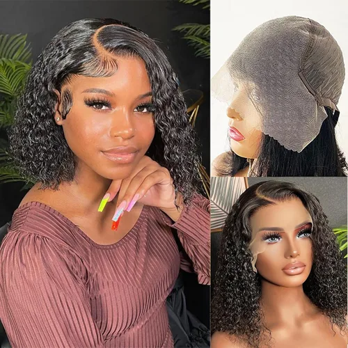 Peluca de cabello humano rizado profundo de 13 x 6 pulgadas, peluca de encaje frontal – Bob, previamente despuntada con abuelitos, sin pegamento,
