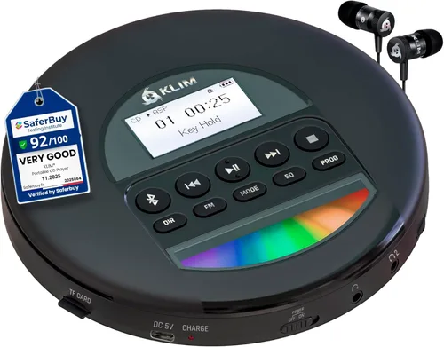 KLIM Nomad - Reproductor de CD portátil con batería de larga duración - con auriculares - Radio FM - Reproductor de CD MP3 portátil compatible -