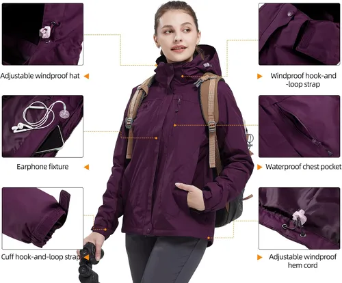 Miniatura 4 de GOLDEN CAMEL Chaqueta de esquí para mujer, 3 en 1, impermeable, resistente al viento, chaqueta de forro polar, chaqueta de snowboard y montaña