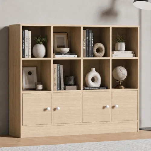 Miniatura 3 de Cozy Castle Estantería de madera de roble, estante organizador de almacenamiento de 12 cubos con 4 puertas, armario de almacenamiento de 3 niveles