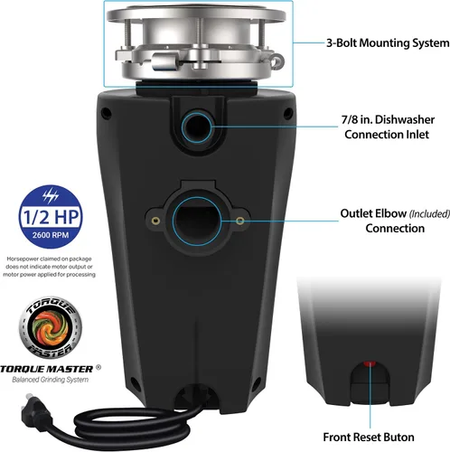 Miniatura 2 de TITAN 10-US-TN-560-3B Sistema de eliminación de basura con impulsores de acero inoxidable y componentes de rejilla, negro (1/2 HP Economy)