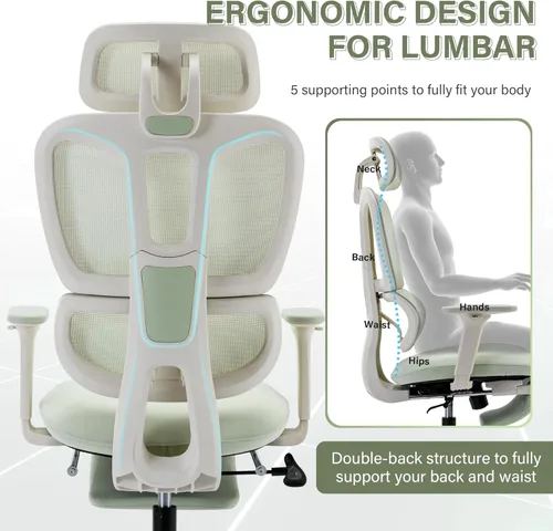Miniatura 8 de Silla de oficina ergonómica de malla con reposapiés retráctil, silla de computadora con respaldo alto, soporte lumbar, reposabrazos y reposacabezas