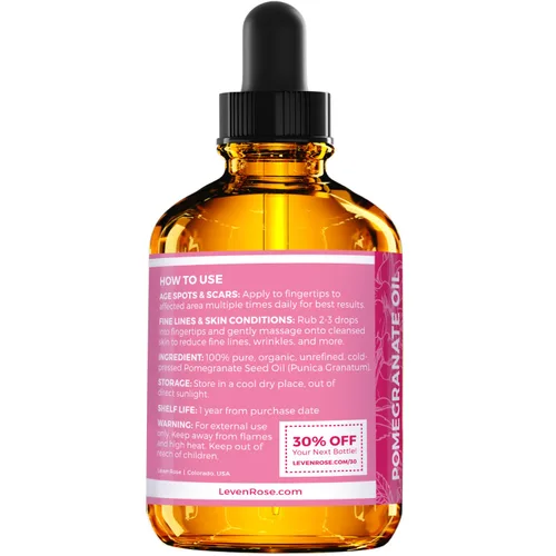 Miniatura 3 de Leven Rose Aceite de semilla de granada, 100% puro, sin refinar, prensado en frío, antioxidante hidratante para cabello, piel y uñas, 2 onzas
