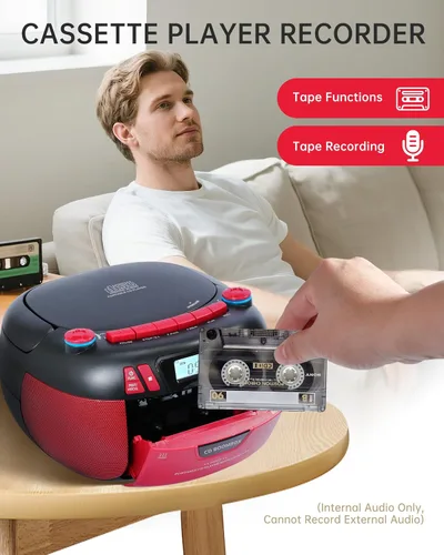 Miniatura 4 de Reproductor de CD Boombox con Bluetooth y reproductor de casete Radio AM/FM portátil, entrada MP3/USB/AUX, sistema de sonido estéreo