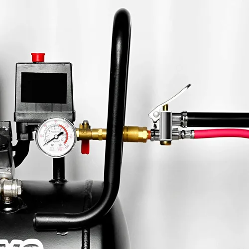 Miniatura 6 de MEANLIN MEASURE Inflador de neumáticos rojo resistente con medidor de presión de 120 PSI, manguera de 15 pulgadas de doble cabezal y herramientas