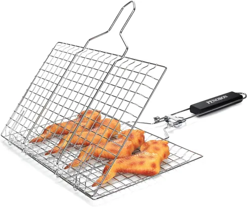 Miniatura 4 de Cesta para asar pescado, plegable, portátil, de acero inoxidable, para pescado, verduras, camarones con mango extraíble, viene con cepillo