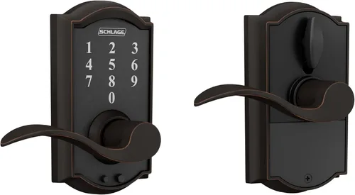 Schlage - Cerradura táctil Camelot con picaporte Accent, cerradura de entrada electrónica sin llave (bronce envejecido, FE695 CAM 716 ACC)