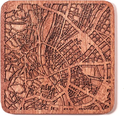 Miniatura 39 de Posavasos Amsterdam Map by O3 Design Studio, 1 pieza, posavasos de madera Sapele con mapa de la ciudad, hecho a mano, varias ciudades opcionales