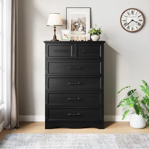 Miniatura 6 de YANSNWO Cómoda de Granja Negra para Dormitorio, Moderna Cómoda de 6 Cajones, Cómoda Alta de 44" con Manijas de Metal Cepillado, Organizadores