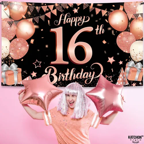 Miniatura 8 de KatchOn Cartel de feliz cumpleaños número 16 de oro rosa, grande de 72 x 44 pulgadas, decoraciones de fiesta de dulces 16, telón de fondo para niñas
