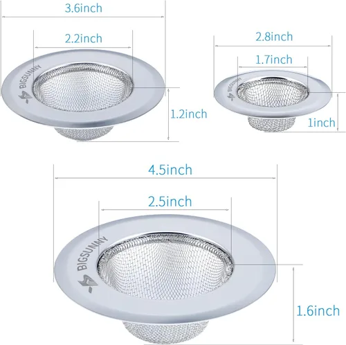 Miniatura 5 de MSY BIGSUNNY - Juego de 3 coladores de malla para fregadero de cocina, de acero inoxidable, colador de drenaje de cocina con borde ancho grande