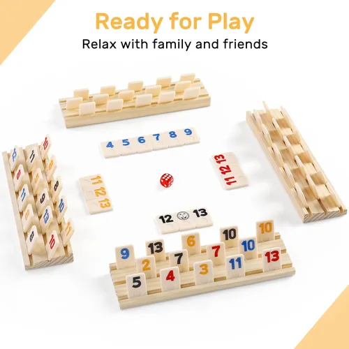 Miniatura 2 de Juego de cubo Rummy con estuche y 4 bastidores de madera/bandejas, 106 juegos de azulejos Rummy Juego de juego clásico de viaje con 4 soportes