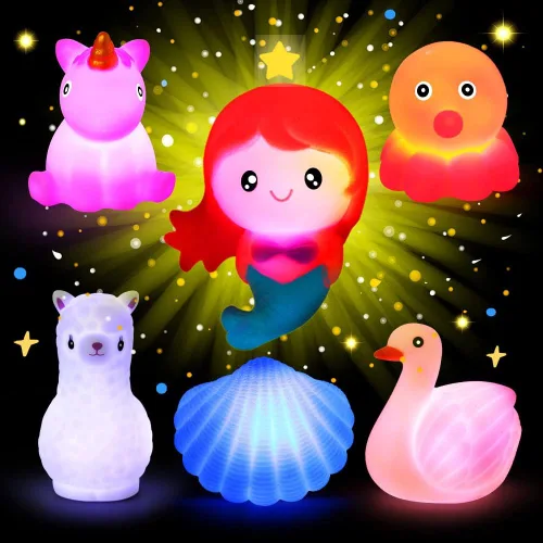 Juguetes de baño para niños pequeños de 1 a 3 años, sin agujeros, bonitos juguetes de bañera de goma flotante con luz LED colorida intermitente,