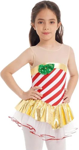 Vestido de baile tutú a rayas con lentejuelas para niños, vestido de patinaje artístico, fiesta de Navidad, disfraz de bastón de caramelo