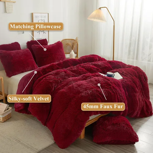 Miniatura 2 de XeGe juego de funda de edredón de terciopelo de lujo ultrasuave, juego de cama de 2 piezas, 1 funda de edredón de piel sintética y 1 funda de Rojo