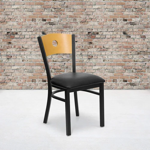 Flash Furniture HERCULES Series Silla de restaurante de metal con respaldo circular negro, respaldo de madera natural, asiento de vinilo negro