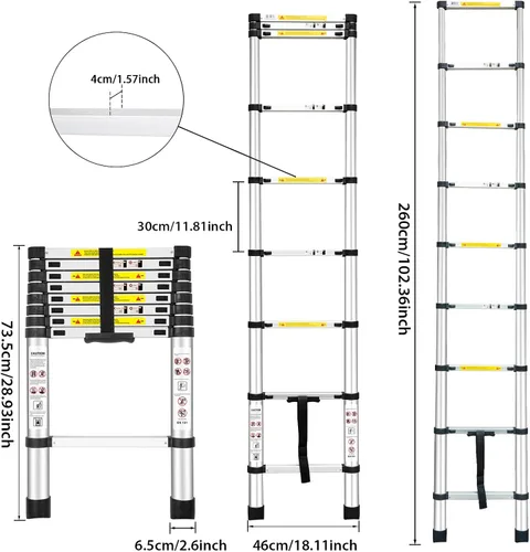 Miniatura 3 de Escaleras telescópicas, (8.5 pies/8.5 ft), escalera de extensión de aluminio con estándares EN131, extensión para RV, áticos, familias, trabajo al