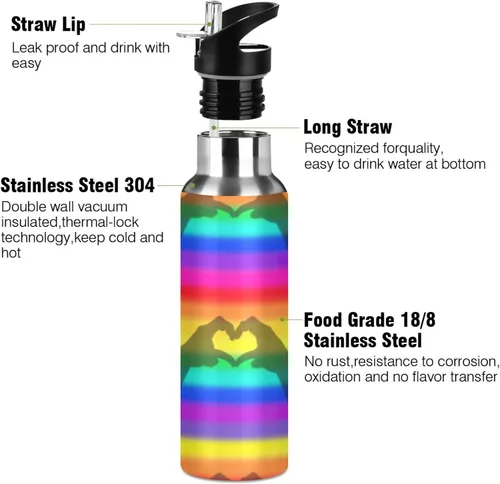 Miniatura 3 de Rainbow Stripes - Botella de agua aislada de acero inoxidable con pajilla, botellas de agua a prueba de fugas, botella de agua deportiva sin BPA