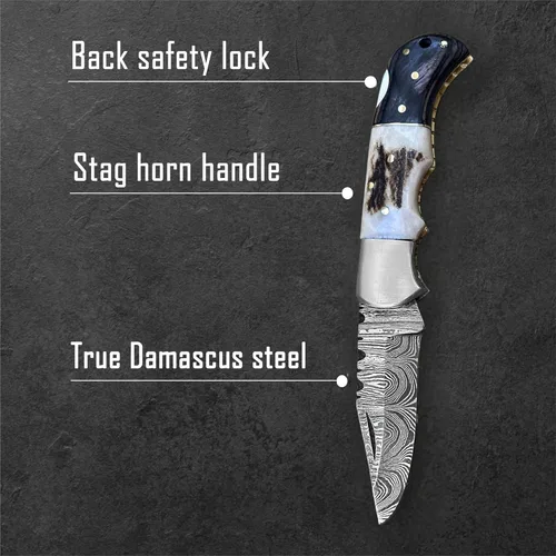 Miniatura 3 de WINTERFELL Cuchillo de Bolsillo Plegable de Acero de Damasco para Hombres con Funda de Cuero, Regalos 100% Hechos a Mano para Esposo, Papá, Novio