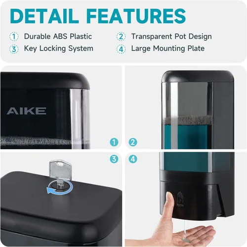 Miniatura 4 de AIKE Dispensador de jabón líquido de montaje en pared para baños comerciales, oficinas, restaurantes, 40 onzas, gran capacidad, AK1007, color negro