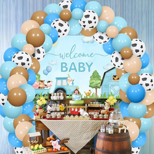 Miniatura 3 de Decoraciones de baby shower de animales de granja azules – Kit de arco de guirnalda de globos de animales de granja con fondo de bienvenida