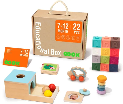 TOOKYLAND Juguetes Montessori para bebés de 6 a 12 meses, juego educativo de aprendizaje 7 en 1, juguetes de madera (incluye sonajero, caja de