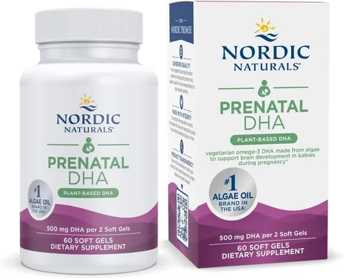 Nordic Naturals DHA prenatal vegano, sin sabor, 60 geles blandos, 500 mg de DHA a base de plantas, apoya el desarrollo cerebral en bebés y un
