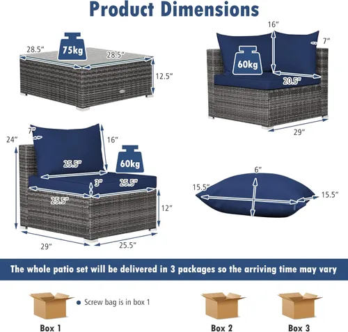 Miniatura 3 de Tangkula Juego de muebles de mimbre de patio de 7 piezas, juego de sofá modular de ratán para 6 personas con cojines de asiento y respaldo, 2 Azul