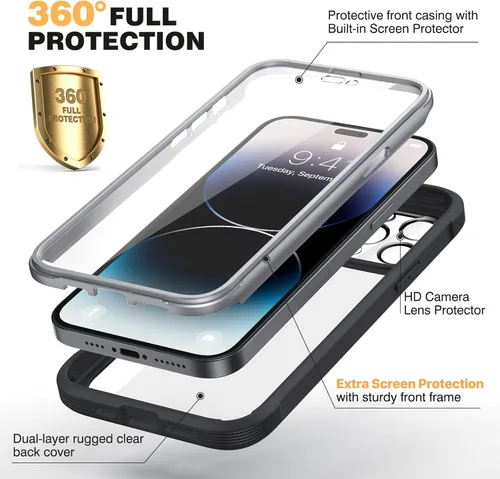 Miniatura 2 de Diaclara - Funda diseñada para iPhone 14 Pro de 6.1 pulgadas, resistente, de cuerpo completo, con protector de pantalla sensible al tacto y Negro