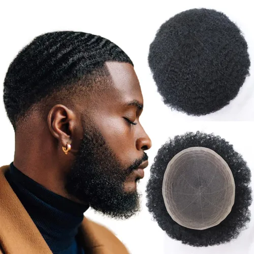 Miniatura 15 de HAPPY&CC Manejar cabello afro unidad negro hombres cabello humano toupee peluca francesa encaje pieza de pelo sistema de reemplazo para hombres #1